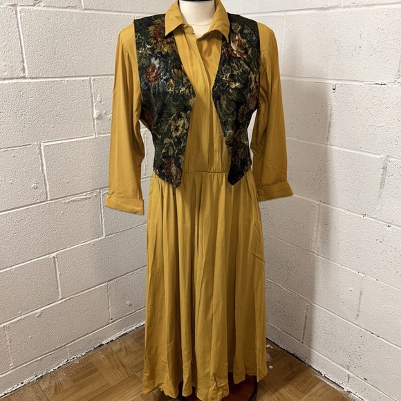 Michelle Stuart Dresses & Skirts - Vintage 80s Mustard Yellow Dress With Tapestry Vest 2 Piece Size 8 Long Sleeve‎